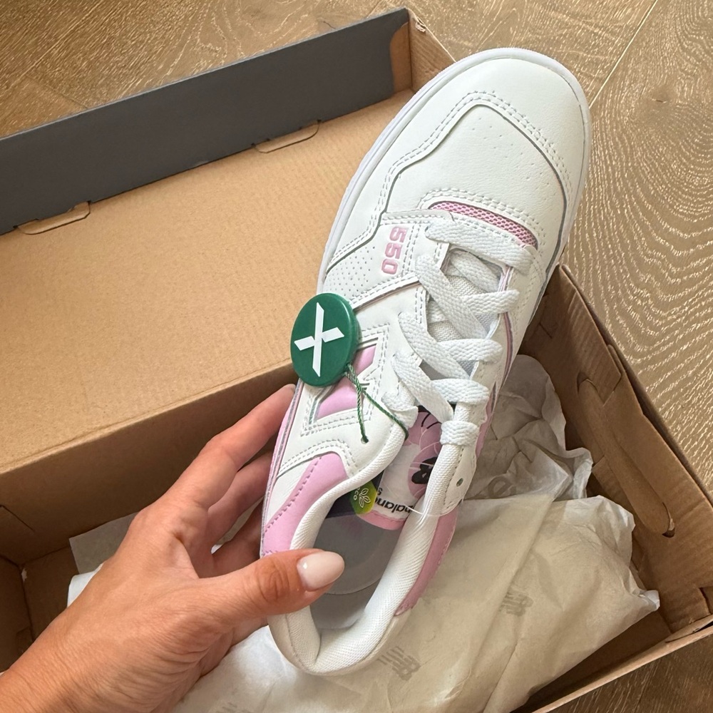 New Balance White and Pink 550 Sneakers